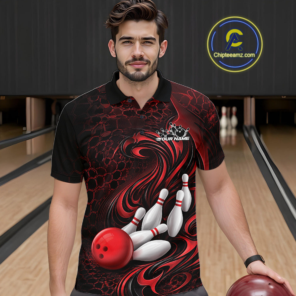 Male model wearing a black and red bowling polo shirt in a bowling alley featuring a tribal flame bowling ball and pins graphic