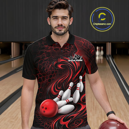 Male model wearing a black and red bowling polo shirt in a bowling alley featuring a tribal flame bowling ball and pins graphic