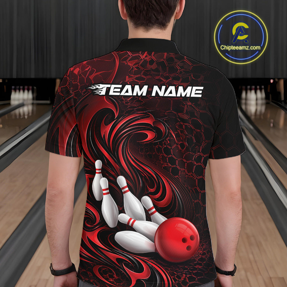 Back view of a male model wearing a black and red bowling polo shirt in a bowling alley featuring a tribal flame bowling ball and pins graphic