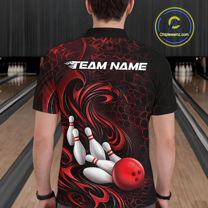 Back view of a male model wearing a black and red bowling polo shirt in a bowling alley featuring a tribal flame bowling ball and pins graphic