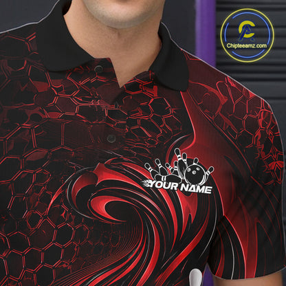 Close-up of the left chest on a black and red bowling polo shirt featuring a tribal flame bowling ball and pins graphic