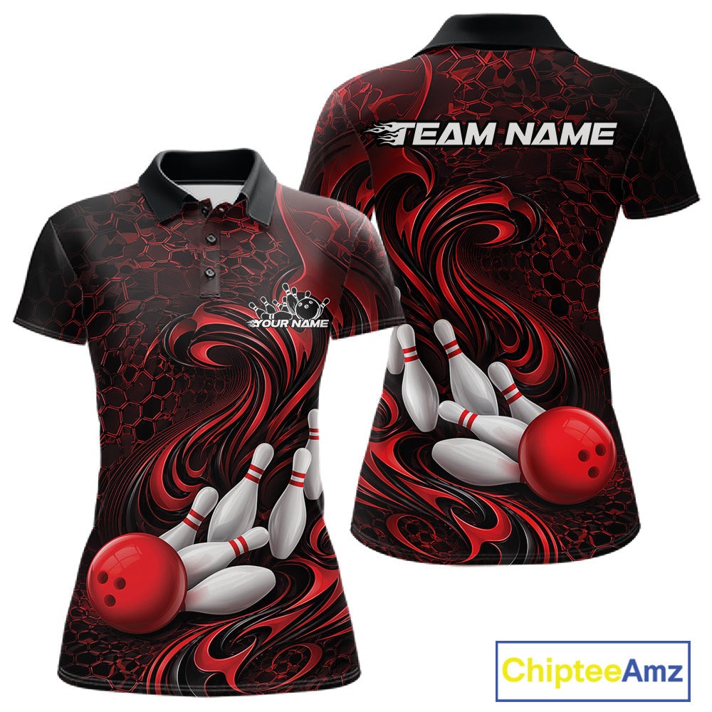 Front and back view of a black and red womens bowling polo shirt featuring a tribal flame bowling ball and pins graphic
