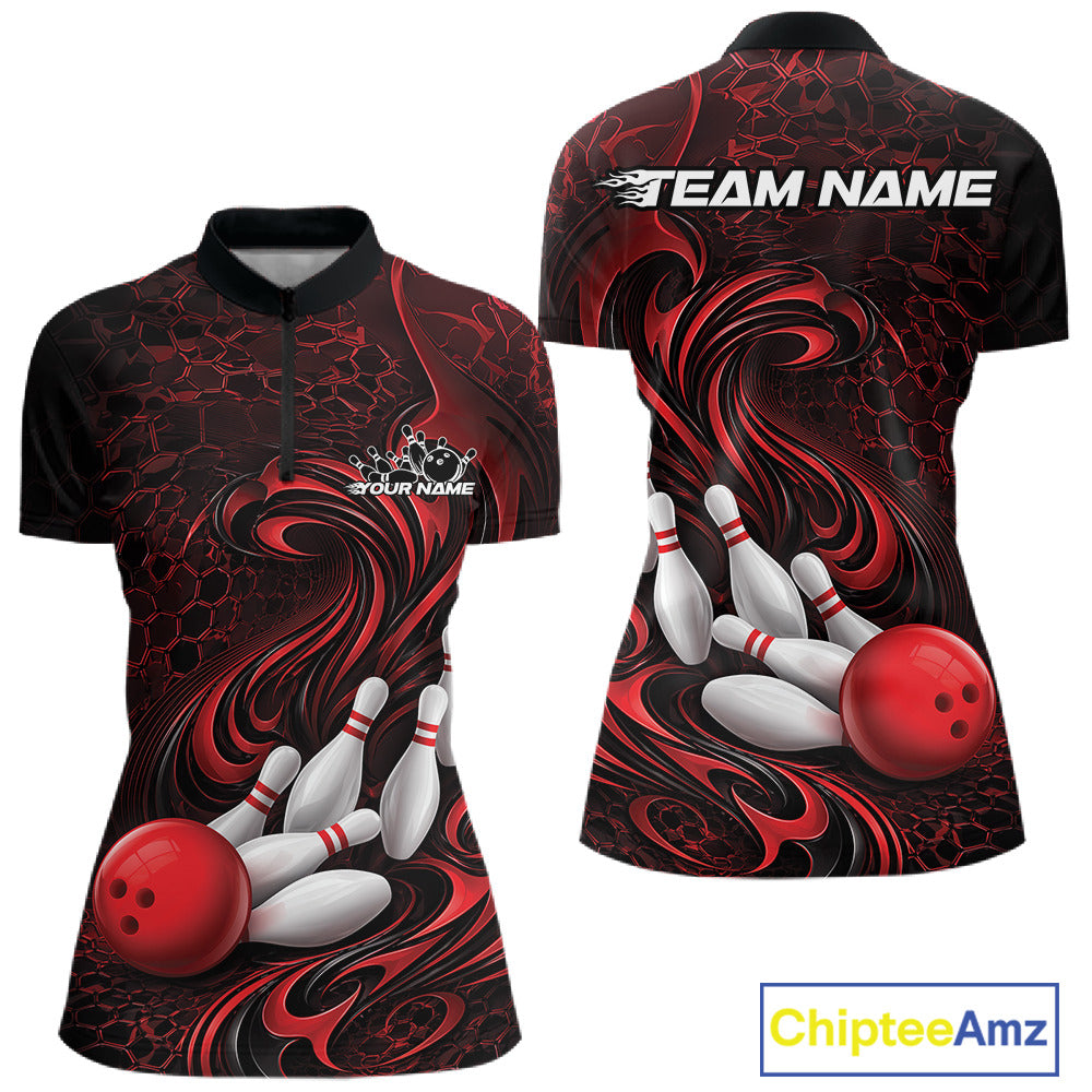 Front and back view of a black and red womens bowling quarter-zip shirt featuring a tribal flame bowling ball and pins graphic
