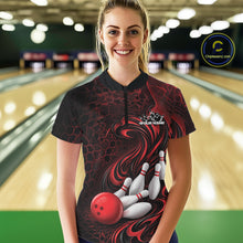 Load image into Gallery viewer, Female model wearing a black and red bowling quarter-zip shirt in a bowling alley featuring a tribal flame bowling ball and pins graphic
