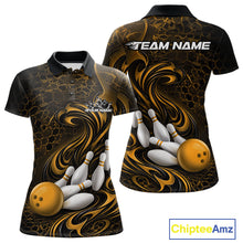 Load image into Gallery viewer, Front and back view of a black and yellow womens bowling polo shirt featuring a tribal flame bowling ball and pins graphic