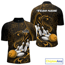 Load image into Gallery viewer, Front and back view of a black and yellow mens bowling quarter-zip shirt featuring a tribal flame bowling ball and pins graphic