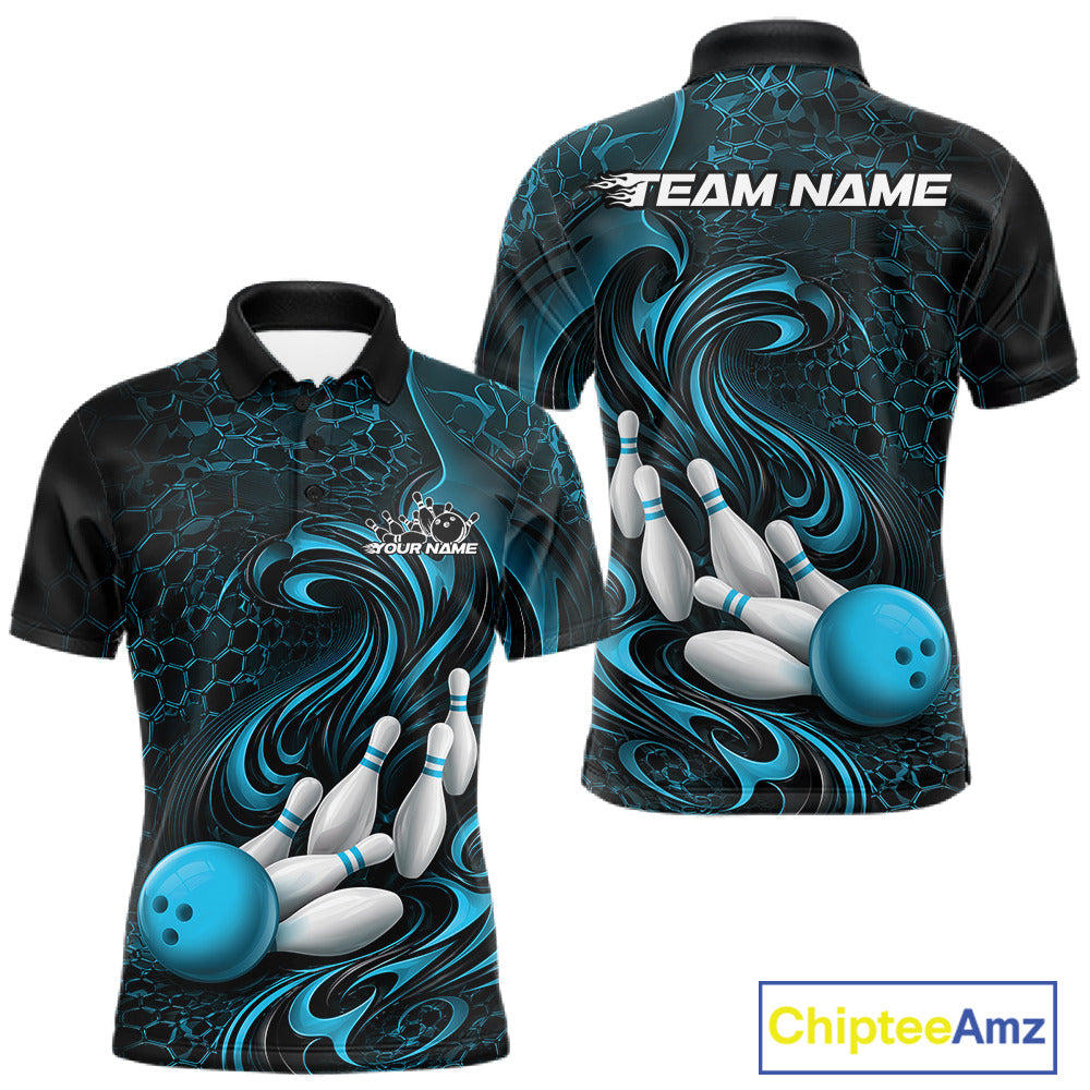 Front and back view of a black and blue mens bowling polo shirt featuring a tribal flame bowling ball and pins graphic
