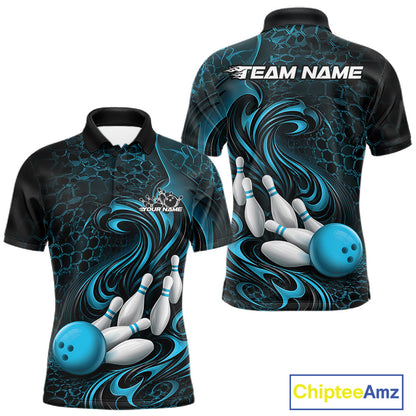 Front and back view of a black and blue mens bowling polo shirt featuring a tribal flame bowling ball and pins graphic
