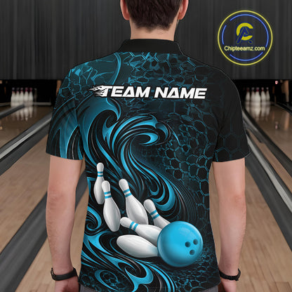 Back view of a male model wearing a black and blue bowling polo shirt in a bowling alley featuring a tribal flame bowling ball and pins graphic
