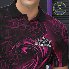Load image into Gallery viewer, Close-up of the left chest on a black and pink bowling polo shirt showing a tribal flame design with a bowling ball and pins.