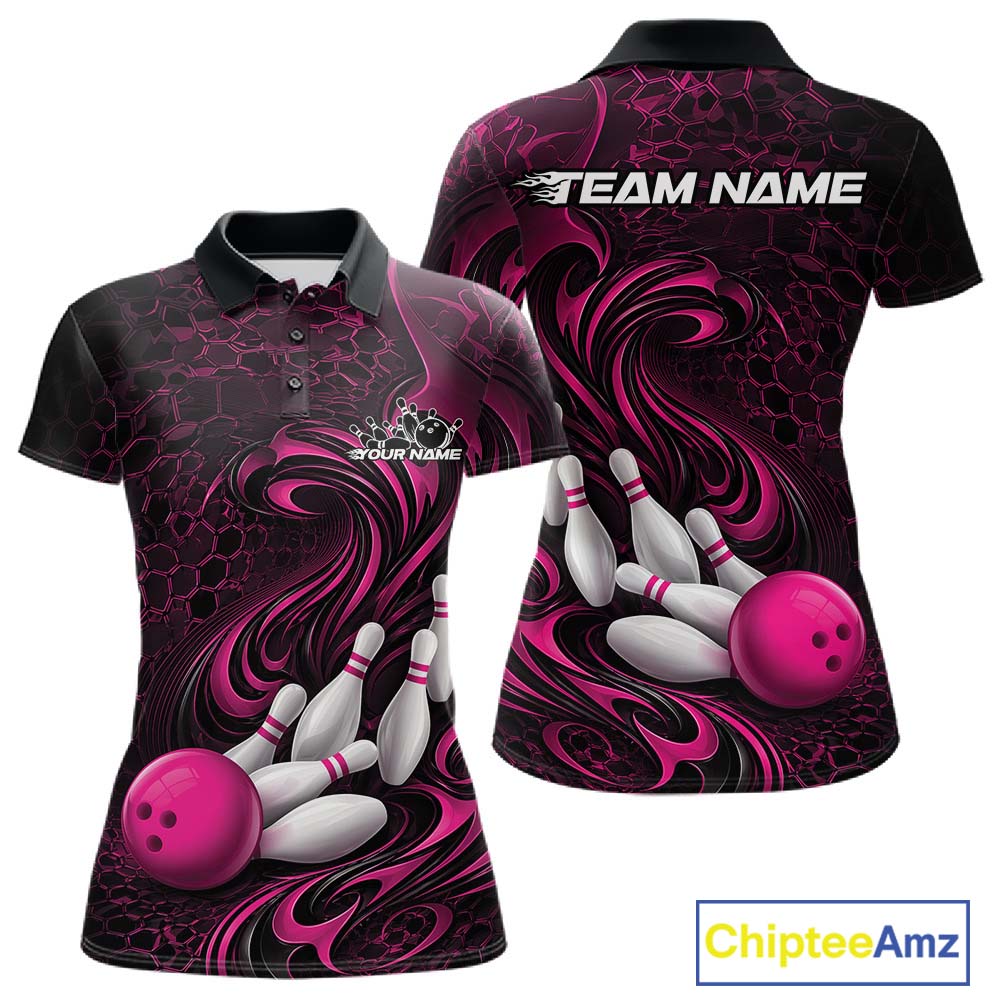Front and back view of a black and pink womens bowling polo shirt featuring a tribal flame bowling ball and pins graphic