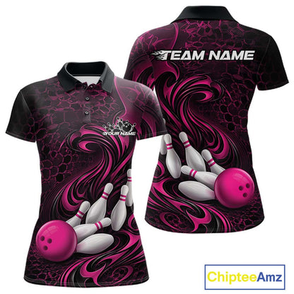 Front and back view of a black and pink womens bowling polo shirt featuring a tribal flame bowling ball and pins graphic