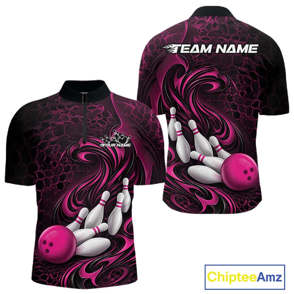 Front and back mockup of a mens black and pink bowling quarter-zip pullover featuring a tribal flame bowling ball and pins graphic.