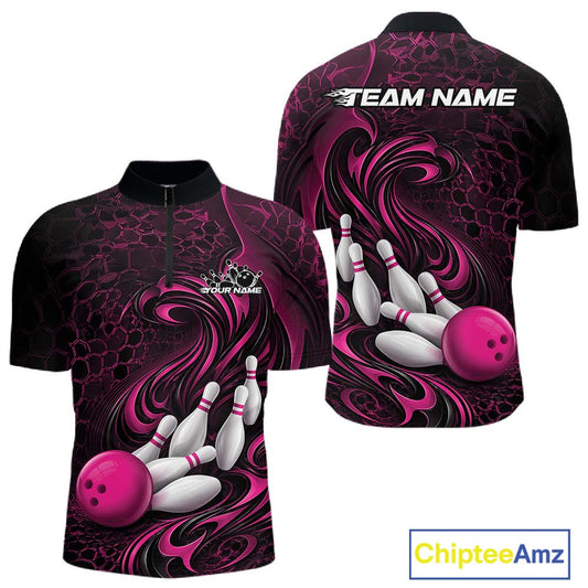 Front and back mockup of a mens black and pink bowling quarter-zip pullover featuring a tribal flame bowling ball and pins graphic.