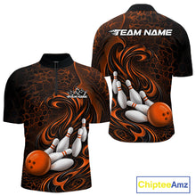 Load image into Gallery viewer, Front and back view of a black and orange mens bowling quarter-zip shirt featuring a tribal flame bowling ball and pins graphic