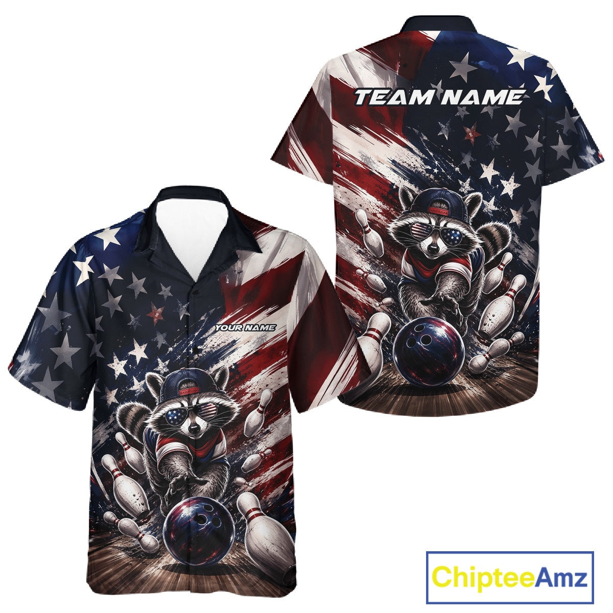 Front and back views of a button-up bowling shirt mockup featuring a raccoon in patriotic sunglasses rolling a bowling ball through scattered pins with a distressed American flag backdrop.