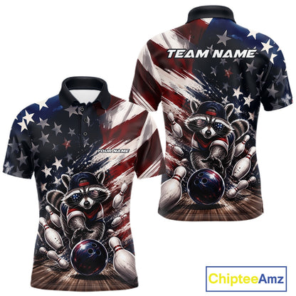 Front and back view of a men's bowling polo shirt mockup with artwork of a raccoon wearing patriotic sunglasses rolling a bowling ball through scattered pins against a distressed American flag backdrop.