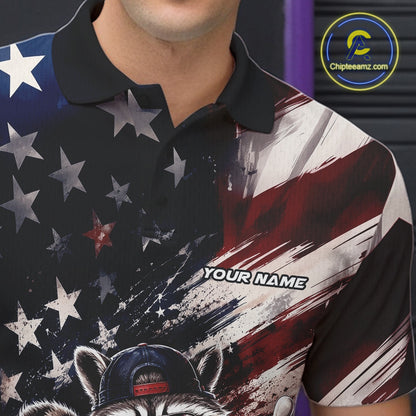 Close-up of the left chest on a bowling polo shirt featuring a raccoon in patriotic sunglasses rolling a bowling ball through scattered pins with a distressed American flag backdrop.