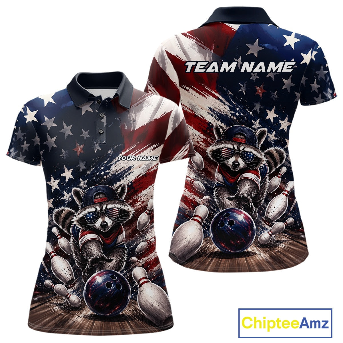 Front and back views of a women's bowling polo shirt mockup featuring a raccoon in patriotic sunglasses rolling a bowling ball through scattered pins with a distressed American flag backdrop.