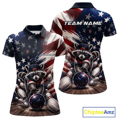 Front and back views of a women's bowling polo shirt mockup featuring a raccoon in patriotic sunglasses rolling a bowling ball through scattered pins with a distressed American flag backdrop.