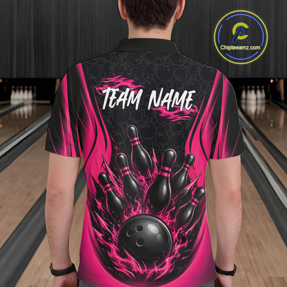 Custom Black And Pink Fire Flame Bowling Jerseys, Bowling Men Polo Shirts IPHW11685