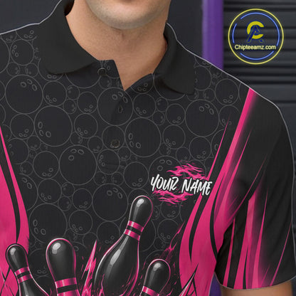 Custom Black And Pink Fire Flame Bowling Jerseys, Bowling Men Polo Shirts IPHW11685