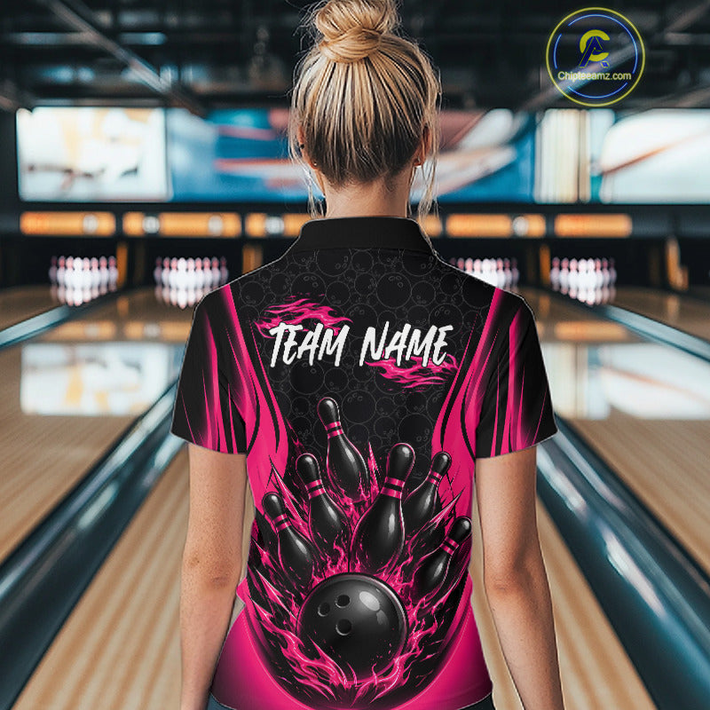 Custom Black And Pink Fire Flame Bowling Jerseys, Bowling Women Polo Shirts IPHW11685