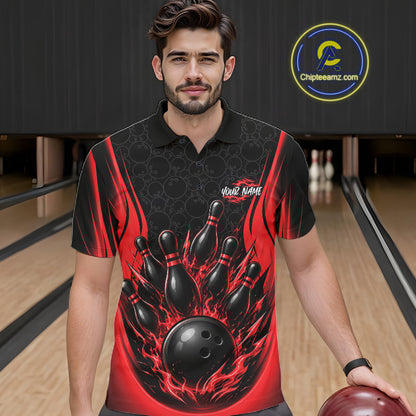 Custom Black And Red Fire Flame Bowling Jerseys, Bowling Men Polo Shirts IPHW11686