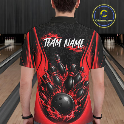 Custom Black And Red Fire Flame Bowling Jerseys, Bowling Men Polo Shirts IPHW11686