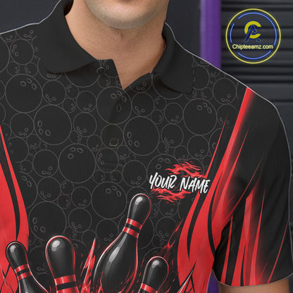 Custom Black And Red Fire Flame Bowling Jerseys, Bowling Men Polo Shirts IPHW11686