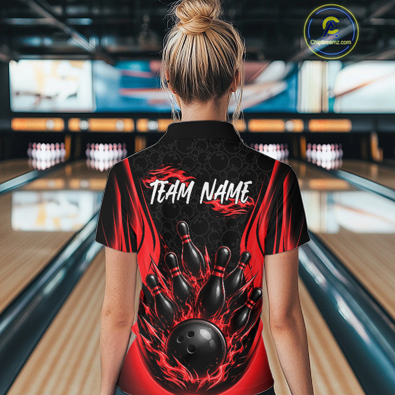 Custom Black And Red Fire Flame Bowling Jerseys, Bowling Women Polo Shirts IPHW11686