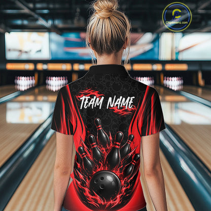 Custom Black And Red Fire Flame Bowling Jerseys, Bowling Women Polo Shirts IPHW11686