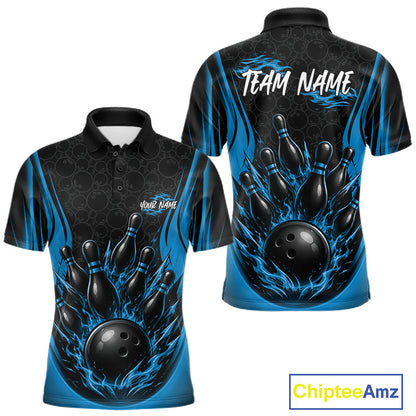 Custom Black And Blue Fire Flame Bowling Jerseys, Bowling Men Polo Shirts IPHW11687