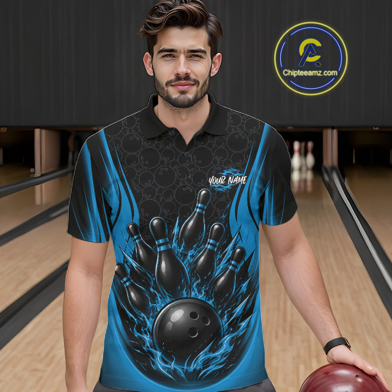 Custom Black And Blue Fire Flame Bowling Jerseys, Bowling Men Polo Shirts IPHW11687