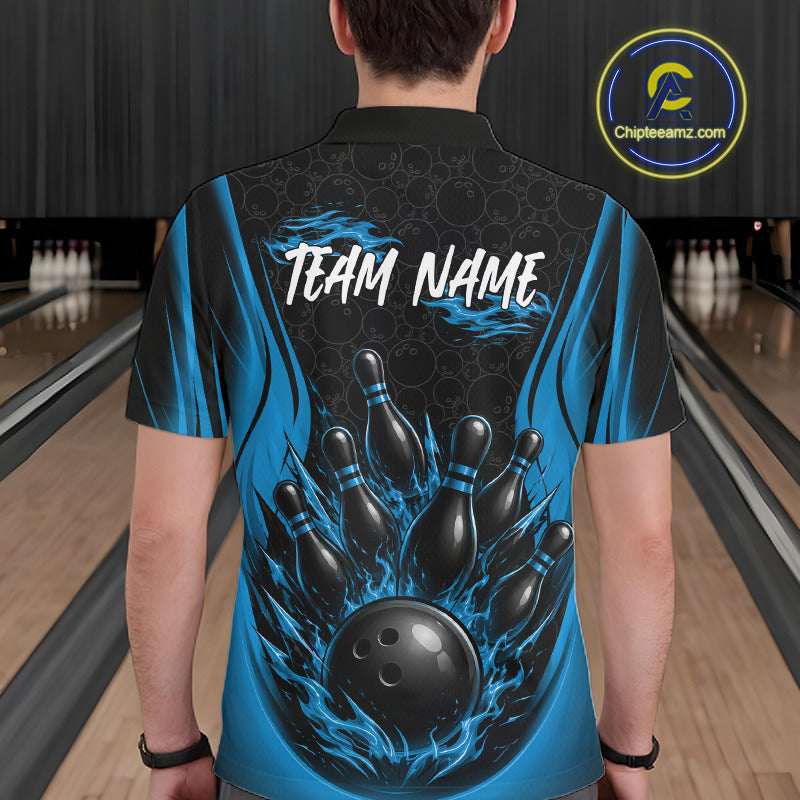 Custom Black And Blue Fire Flame Bowling Jerseys, Bowling Men Polo Shirts IPHW11687