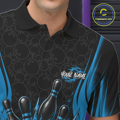 Custom Black And Blue Fire Flame Bowling Jerseys, Bowling Men Polo Shirts IPHW11687