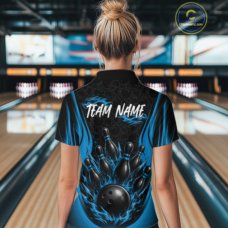 Custom Black And Blue Fire Flame Bowling Jerseys, Bowling Women Polo Shirts IPHW11687