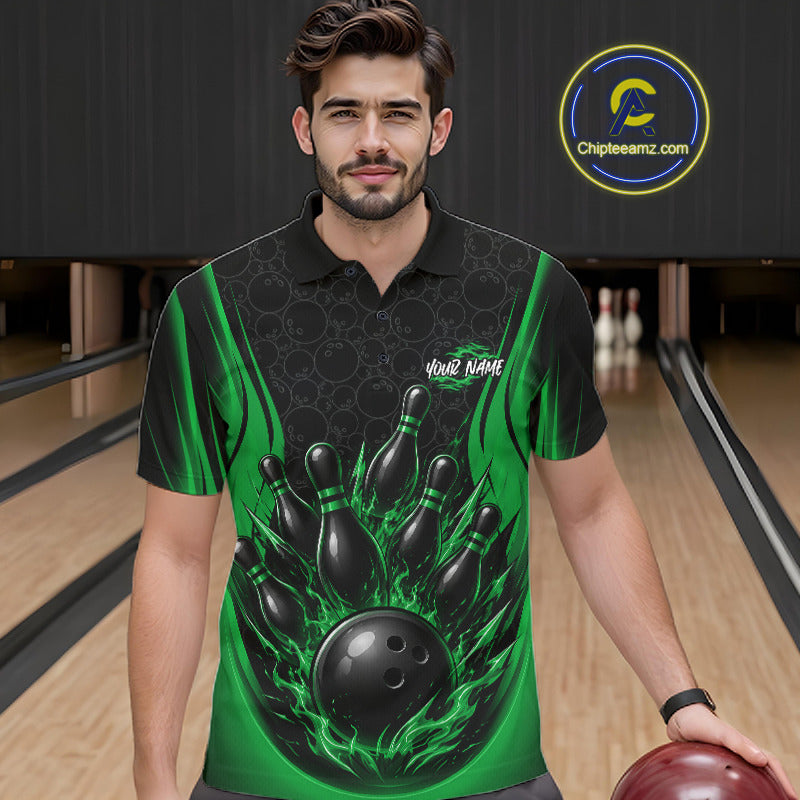 Custom Black And Green Fire Flame Bowling Jerseys, Bowling Men Polo Shirts IPHW11688