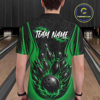 Custom Black And Green Fire Flame Bowling Jerseys, Bowling Men Polo Shirts IPHW11688