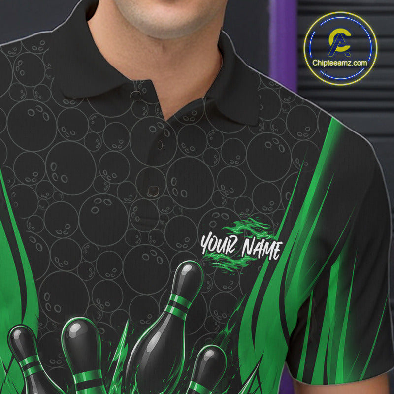 Custom Black And Green Fire Flame Bowling Jerseys, Bowling Men Polo Shirts IPHW11688