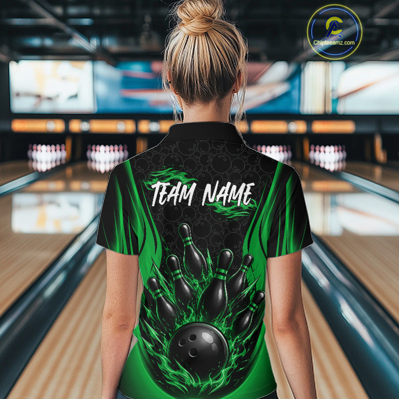Custom Black And Green Fire Flame Bowling Jerseys, Bowling Women Polo Shirts IPHW11688