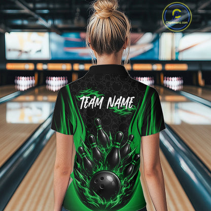 Custom Black And Green Fire Flame Bowling Jerseys, Bowling Women Polo Shirts IPHW11688