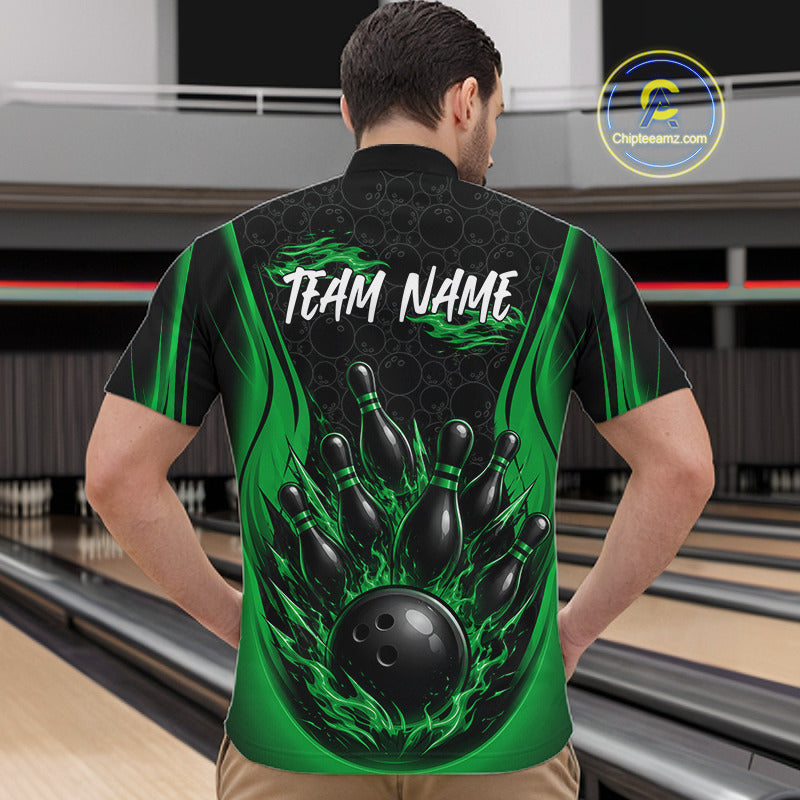 Custom Black And Green Fire Flame Bowling Jerseys, Bowling Men Quarter Zip Shirts IPHW11688