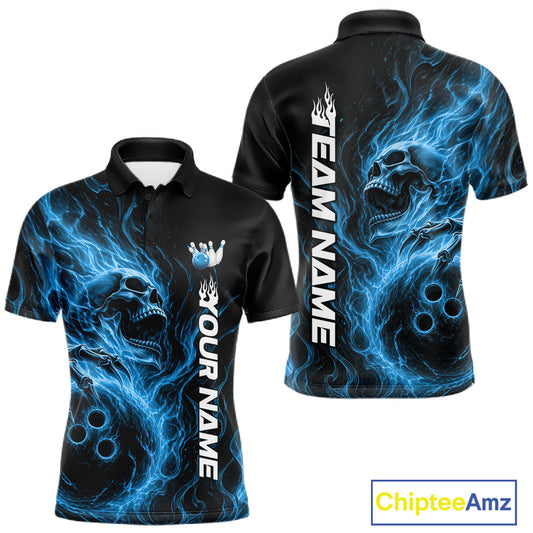 Front and back view of a black mens bowling polo shirt featuring a skull clutching a bowling ball surrounded by swirling blue energy flames