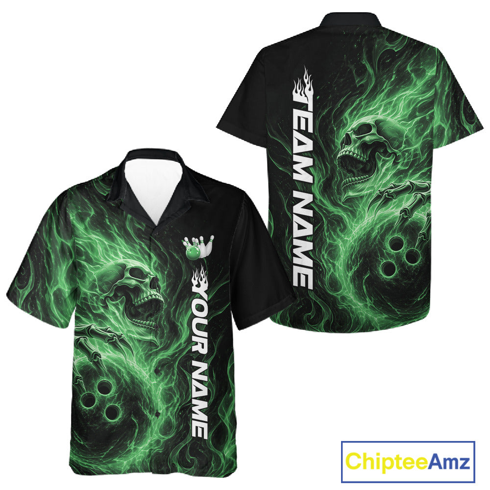 Front and back view of a black button-up bowling shirt featuring a skull clutching a bowling ball surrounded by swirling green energy flames
