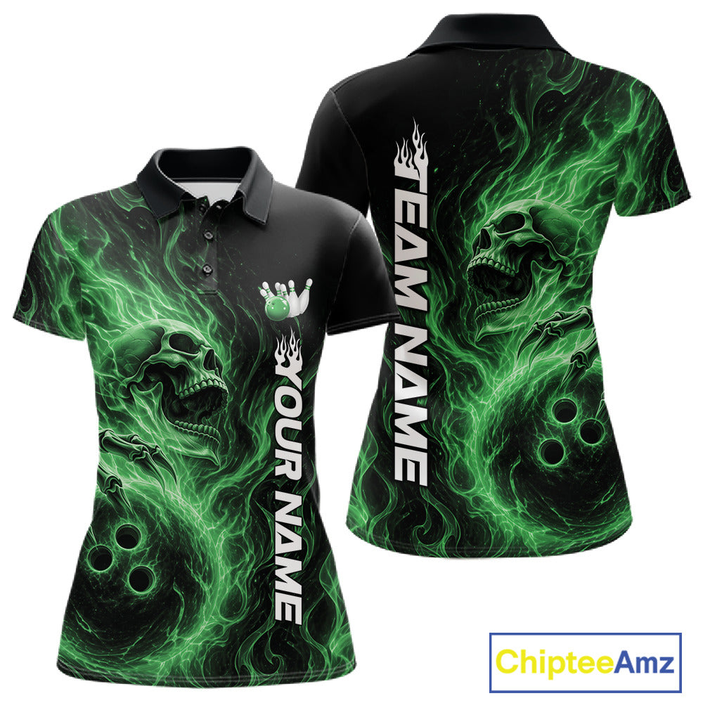 Front and back view of a black womens bowling polo shirt featuring a skull clutching a bowling ball with swirling green energy flames
