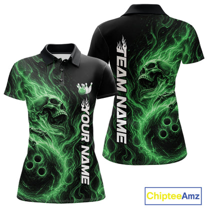 Front and back view of a black womens bowling polo shirt featuring a skull clutching a bowling ball with swirling green energy flames