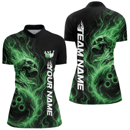 Front and back view of a women's bowling quarter-zip shirt mockup showcasing a green energy-flame skull clutching a bowling ball on a black shirt