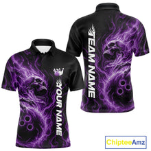 Load image into Gallery viewer, Front and back view of a black men's bowling polo shirt featuring a skull clutching a bowling ball surrounded by swirling purple energy flames