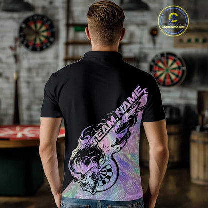 Custom Hologram Flame Skull Dartboard Dart Men Polo Shirt, Halloween Dart Team Outfit IPHW9946